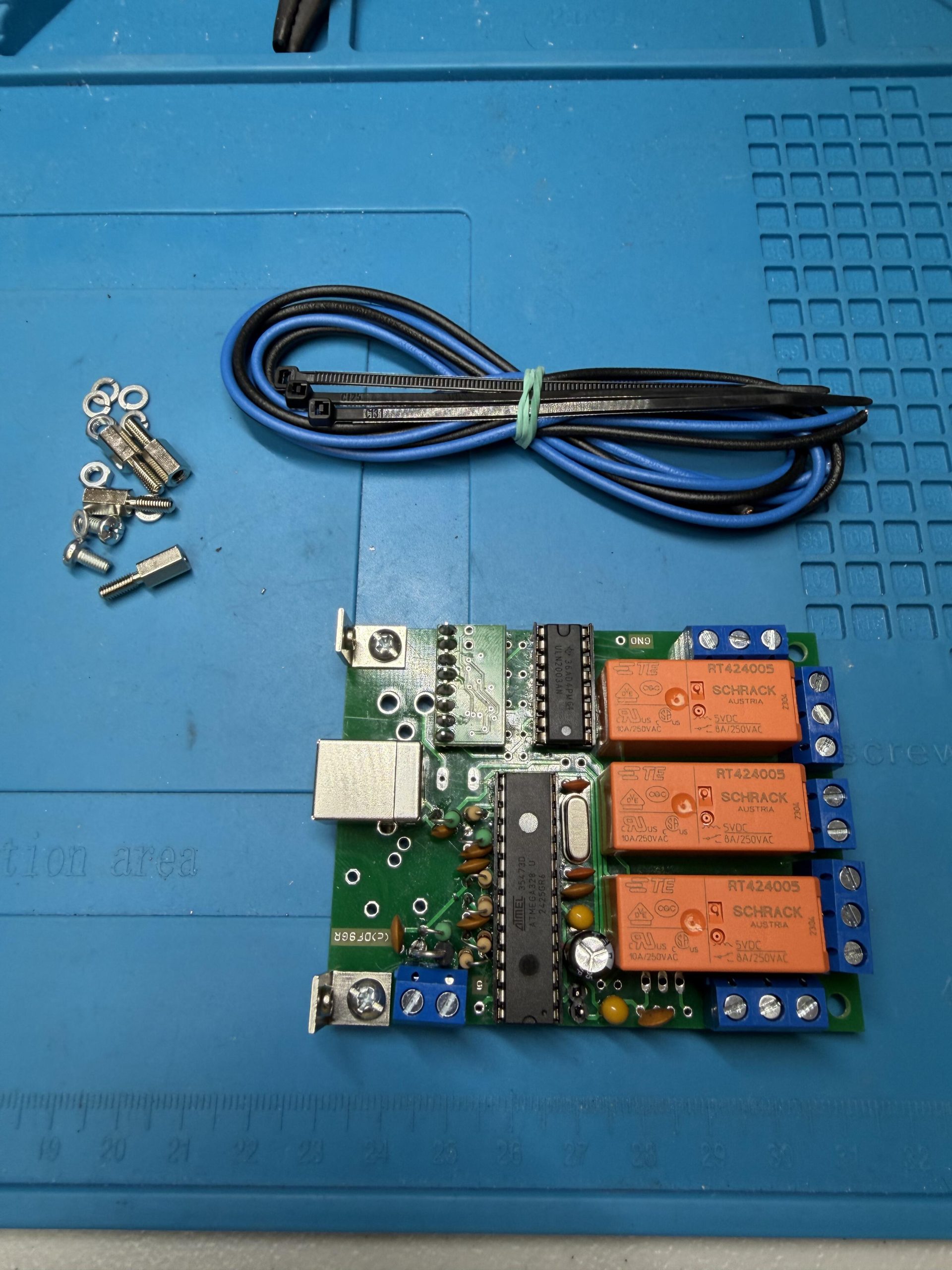 Assembled ERC USB board with three relays, ready for installation