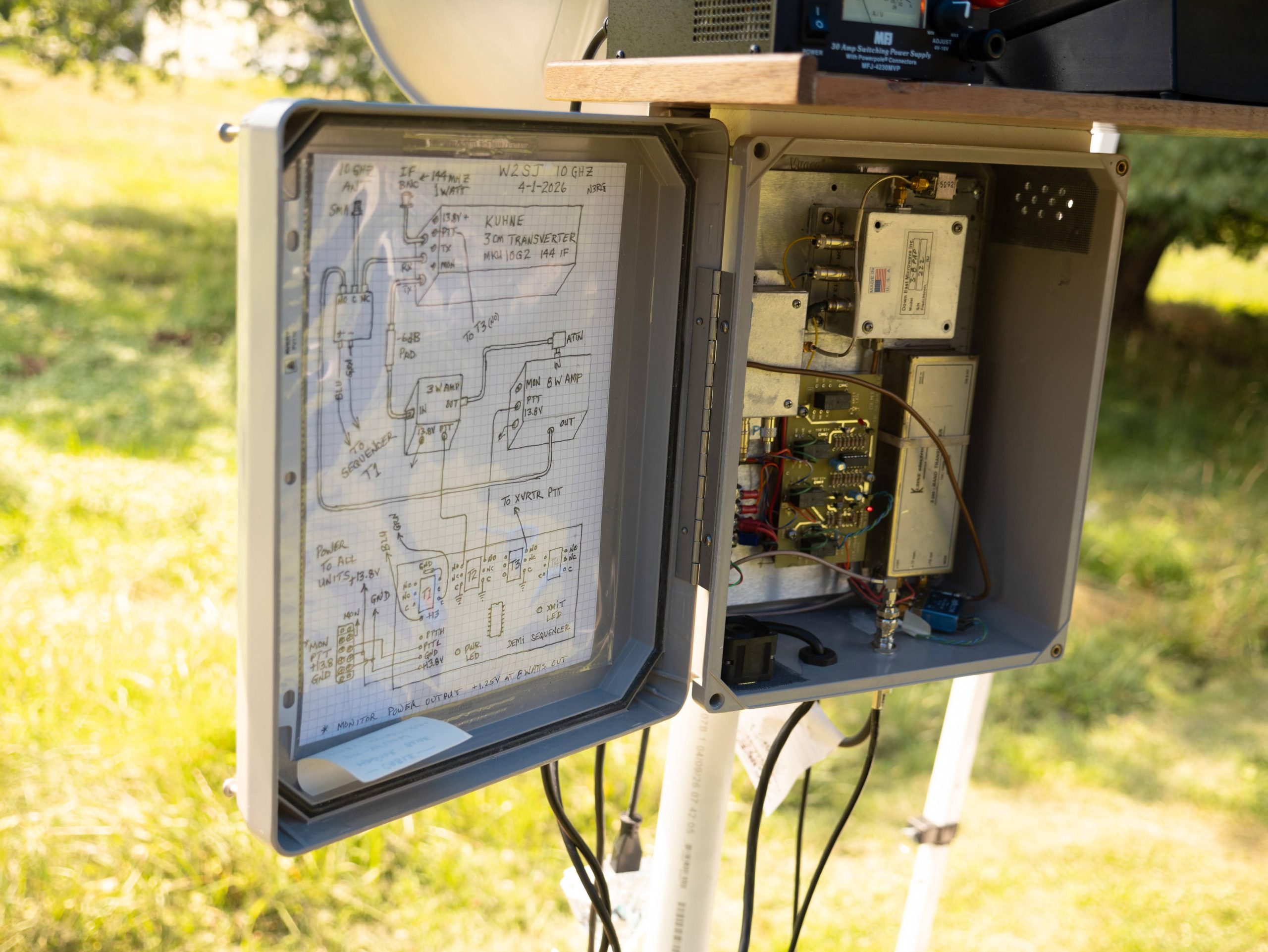 Hand-drawn schematic by N3RG taped inside a weatherproof enclosure for W2SJ's 10 GHz station