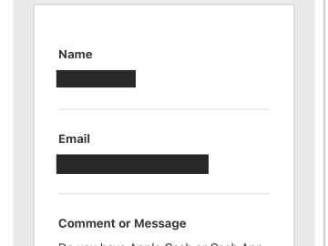 N2LQH.com contact form entry asking 'Do you have Apple Cash or Cash App for Venmo????', name and email redacted
